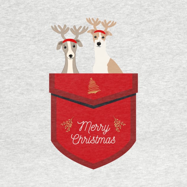 Greyhound Dog with Reindeer Ear Inside Red Festive Pocket with Merry Christmas Sign by Seasonal Dogs